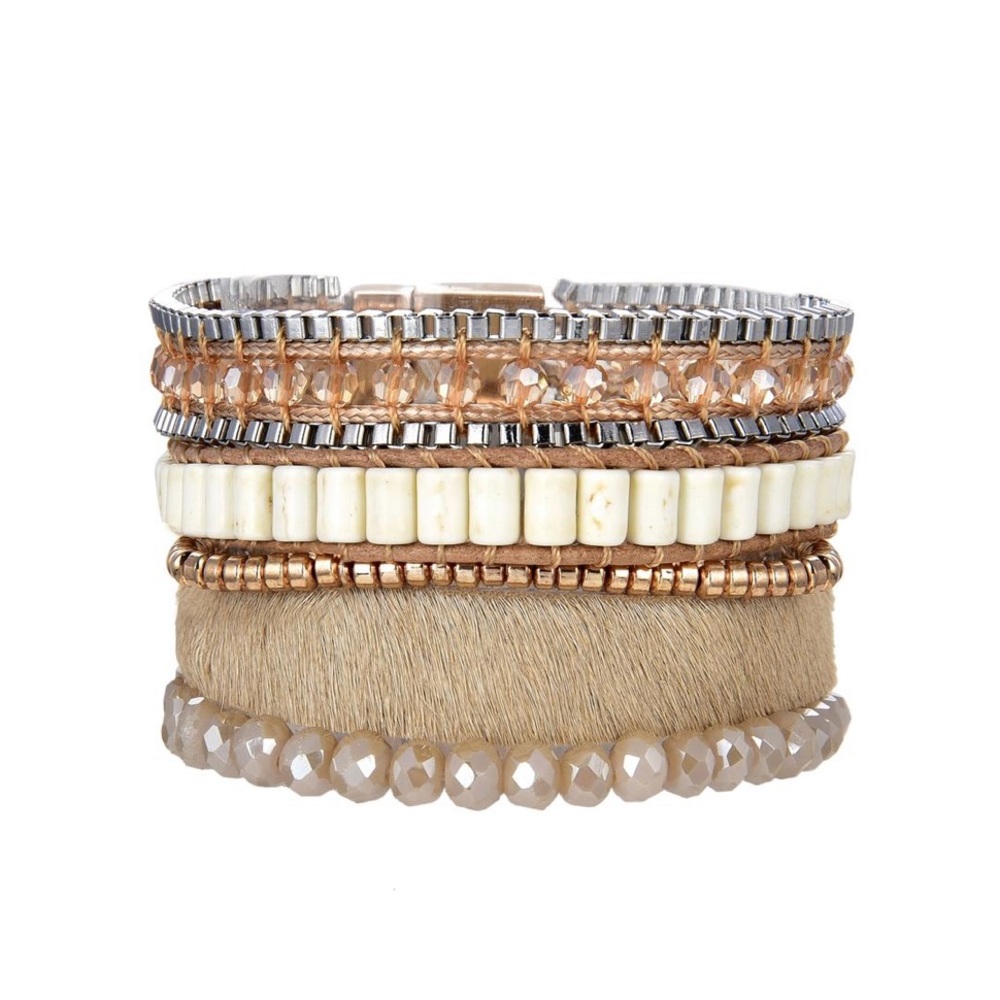 Victoria Emerson Neutral Multi-Row Beaded and Leather Bracelet Stack